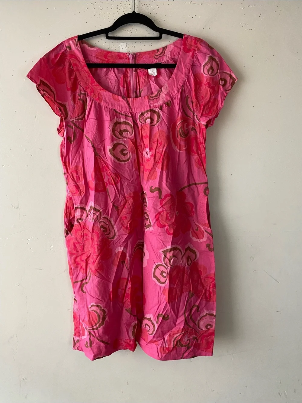 J.Crew Retro Mod Floral Shift Dress 12 Pink Cotton Pockets Scoop Neck Tunic Mini